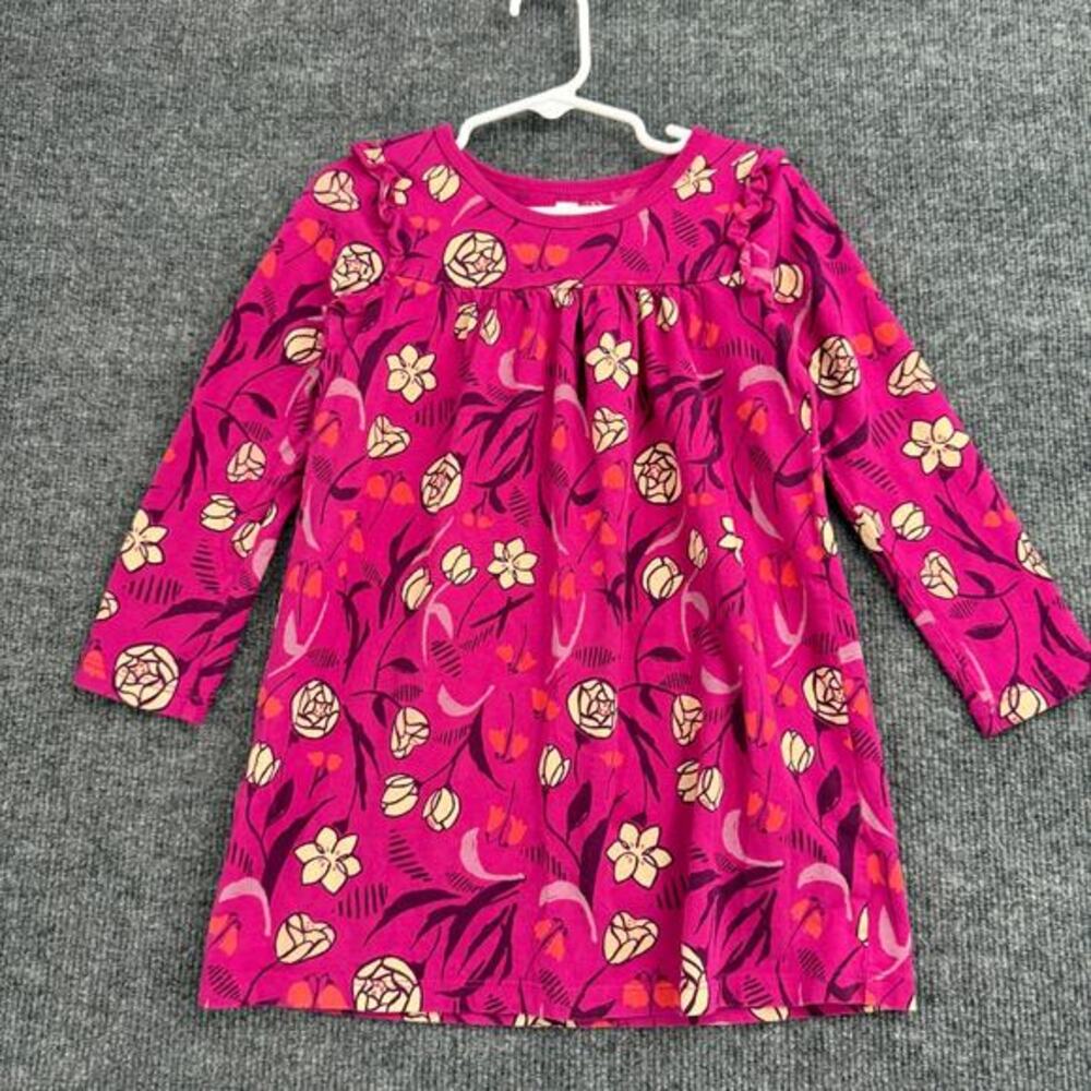 Tea Collection Floral Tunic Dress Dress 4 Fuschia Long Sleeve Ruffle 100% Cotton